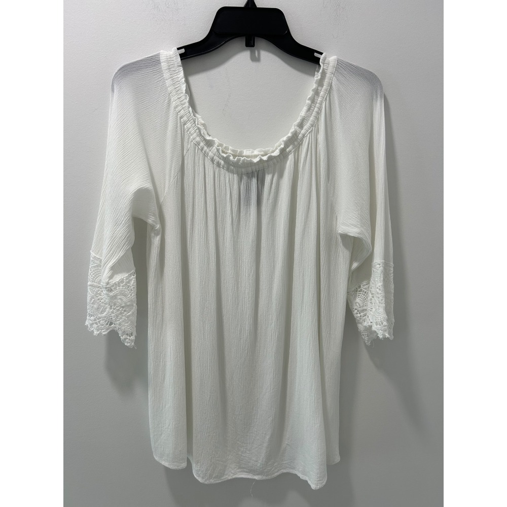 Chelsea & Theodore White Lace Trim Boho Blouse XXL Rayon Gauze Scoop Neck Top